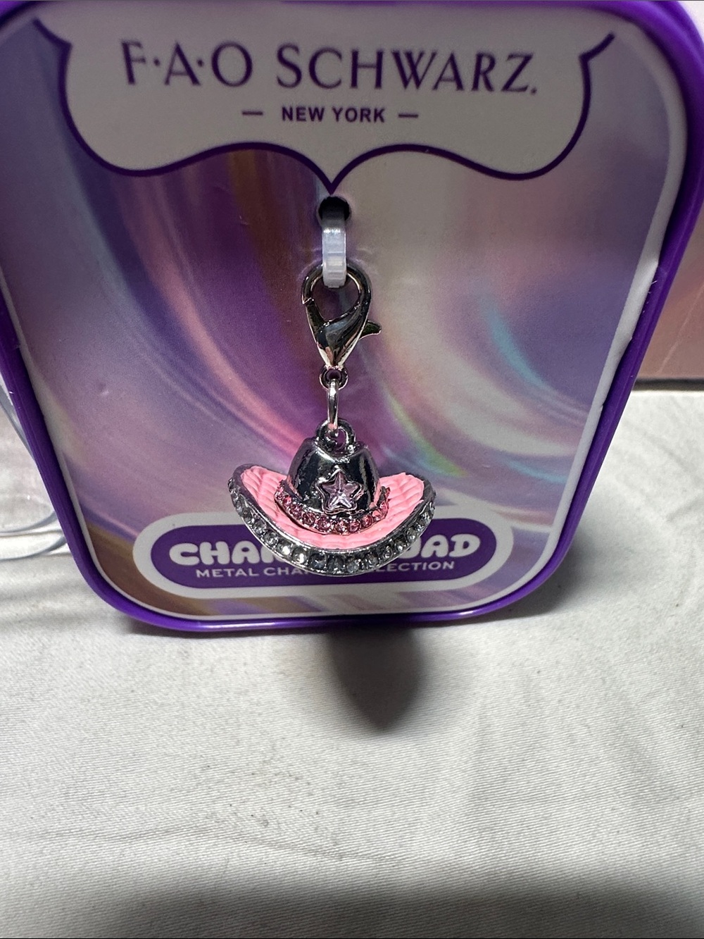 FAO Schwarz Silver & Pink Cowgirl Hat Charm with Lobster Clasp NWT